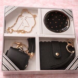 Black Tassel Wallet & Keychain Set with Gold Accents